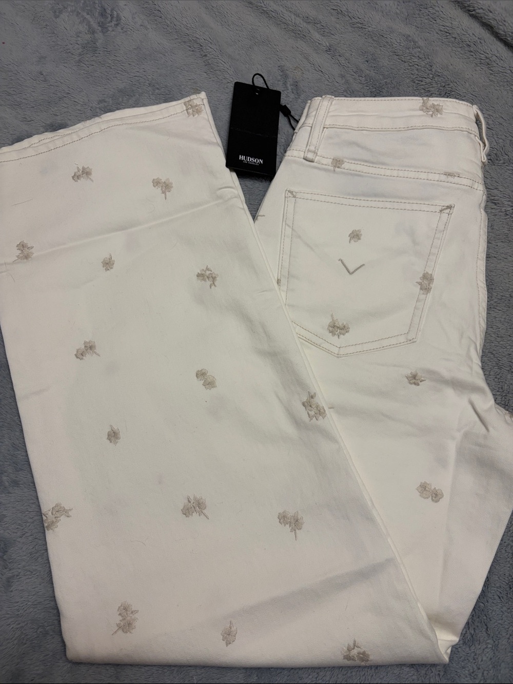 Hudson Jeans White Straight Leg Jeans with Beige Floral Embroidery - Women